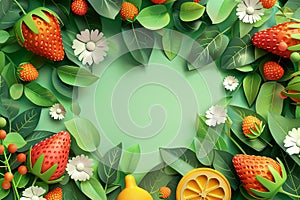 Mockup of fruits, leaves, and wildflowers. 3D animation style, layered cut paper. Strawberries, oranges, chamomiles, berries on a