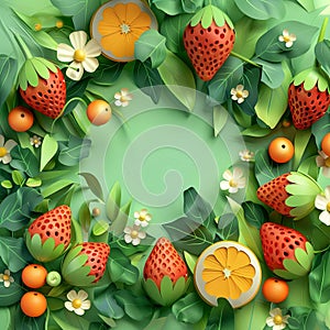 Mockup of fruits, leaves, and wildflowers. 3D animation style, layered cut paper. Strawberries, oranges, chamomiles, berries on a