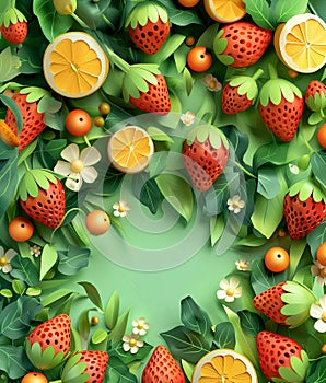 Mockup of fruits, leaves, and wildflowers. 3D animation style, layered cut paper. Strawberries, oranges, chamomiles, berries on a