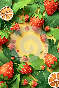 Mockup of fruits, leaves, and wildflowers. 3D animation style, layered cut paper. Strawberries, oranges, chamomiles, berries on