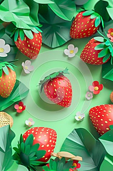 Mockup of fruits, leaves, and wildflowers. 3D animation style, layered cut paper. Strawberries, oranges, chamomiles, berries on a