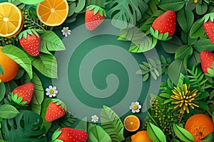 Mockup of fruits, leaves, and wildflowers. 3D animation style, layered cut paper. Strawberries, oranges, chamomiles, berries on a