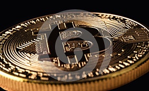 Mockup golden bitcoin close up on black background with clipping path. Bitcoin or BTC is the most popular cryptocurrency in the