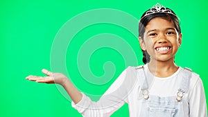 Mockup, green screen and child open hand showing product placement, advertising and logo isolated in a studio background