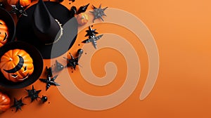 mockup for Halloween text in the form of a solid background and pumpkins and witch hat