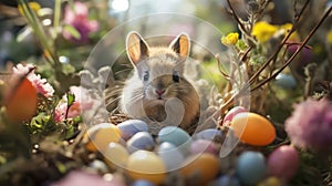 Mockup Happy Easter Holiday. Cute Little Gray Bunny Sitting in Flowers Among Colorful