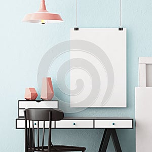 Mockup in hipster style workspace. trend color.