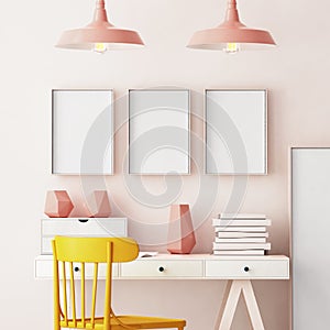 Mockup in hipster style workspace. trend color.
