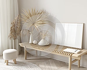 Mockup with a horizontal frame on a bench in a beige interior