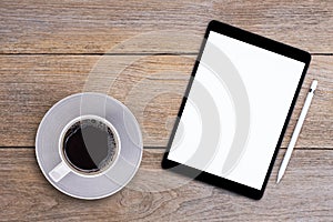 Mockup image of black tablet computer pc with blank white screen with electronic pen
