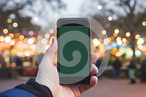 Mockup image of a hand holding mobile smart phone with blank green screen on bokeh background