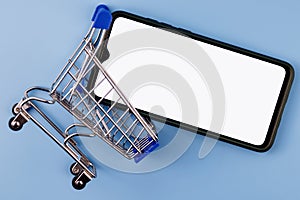 Mockup image of a smartphone with the blank white screen with a place for the advertised text in shopping cart on a blue backgroun