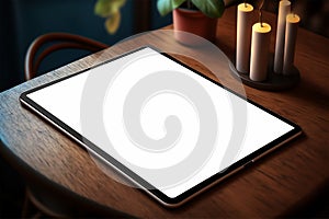 Mockup image of a tablet with blank desktop white screen on wooden table - concept of home office