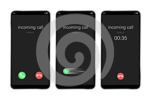 Mockup incoming call, smartphone interface vector template. Flat UI, UX for application. New Call screen template. Web