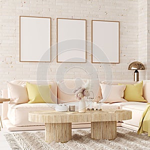 Mockup in interior background, room in light pastel colors, Scandi-Boho style