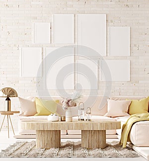 Mockup in interior background, room in light pastel colors, Scandi-Boho style