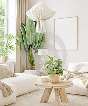 Mockup in interior background, room in light pastel colors, Scandi-Boho style photo