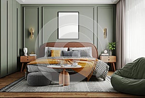 mockup Interior design for a luxurious bedroom with green color for walls