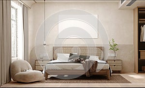 mockup interior luxury bedroom interior with minimal dÃ©cor loft style and empty frame photo