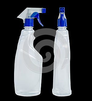 Mockup isolated blank transparent plastic spray bottle for detergent. Packaging for window cleaner
