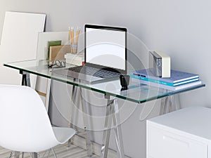 Mockup laptop monitor on your glass table.