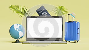 Mockup of a laptop screen between a globe and a suitcase. 3d photo