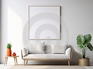 Mockup of a large white canvas, white furniture in the interior, a frame on the background, apartment design with a poster for a