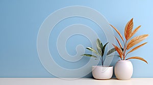 Mockup light blue wall with plants in vases