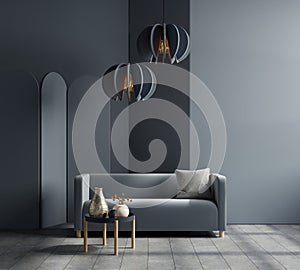 Mockup living room interior with blue sofa on empty dark blue wall background.3d rendering