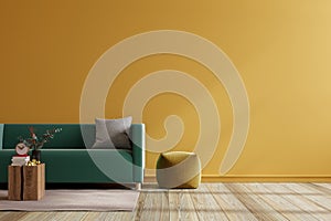 Mockup living room interior with green sofa on empty dark yellow color wall background