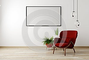 Mockup living room interior with red armchair and flower, white wall mock up background, 3D rendering