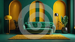 Mockup living room interior with yellow sofa on empty dark green color wall background.3d rendering