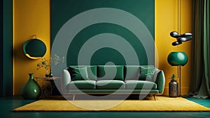 Mockup living room interior with yellow sofa on empty dark green color wall background.3d rendering