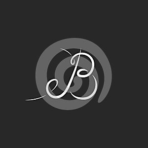 Mockup logo B letter monogram, calligraphic design element for wedding invitation, interweaving thin lines, black and white style