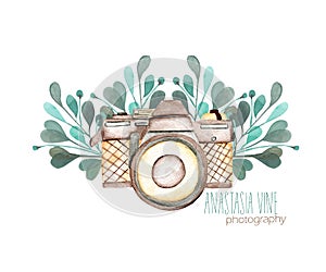 Mockup of logo with watercolor camera and floral elements