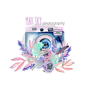 Mockup of logo with watercolor camera and floral elements