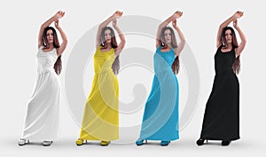 Mockup of a long female dress on a dark-haired posing girl in heels, white, black, yellow, blue sundress, for design, front view