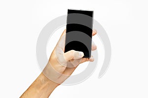 Mockup of male hand holding black cell phone