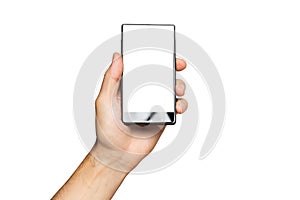 Mockup of male hand holding black cell phone