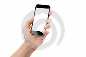 Mockup of male hand holding black cell phone