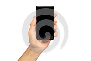 Mockup of male hand holding black cell phone