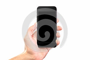 Mockup of male hand holding black cell phone