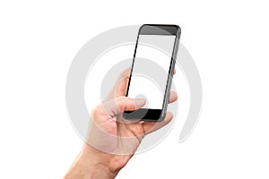 Mockup of male hand holding black cell phone