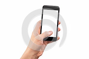 Mockup of male hand holding black cell phone