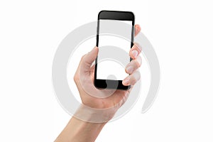 Mockup of male hand holding black cell phone