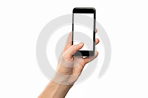 Mockup of male hand holding black cell phone