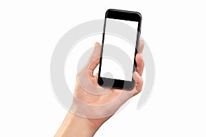 Mockup of male hand holding black cell phone