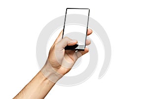 Mockup of male hand holding black cell phone