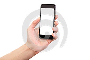 Mockup of male hand holding black cell phone