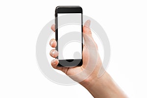 Mockup of male hand holding black cell phone